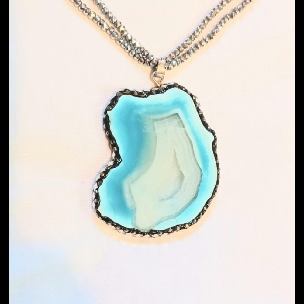 Lucoral Agate Druzy Pendant Necklace Sparkly  signed LUC 925 CN RARE 44 Grams